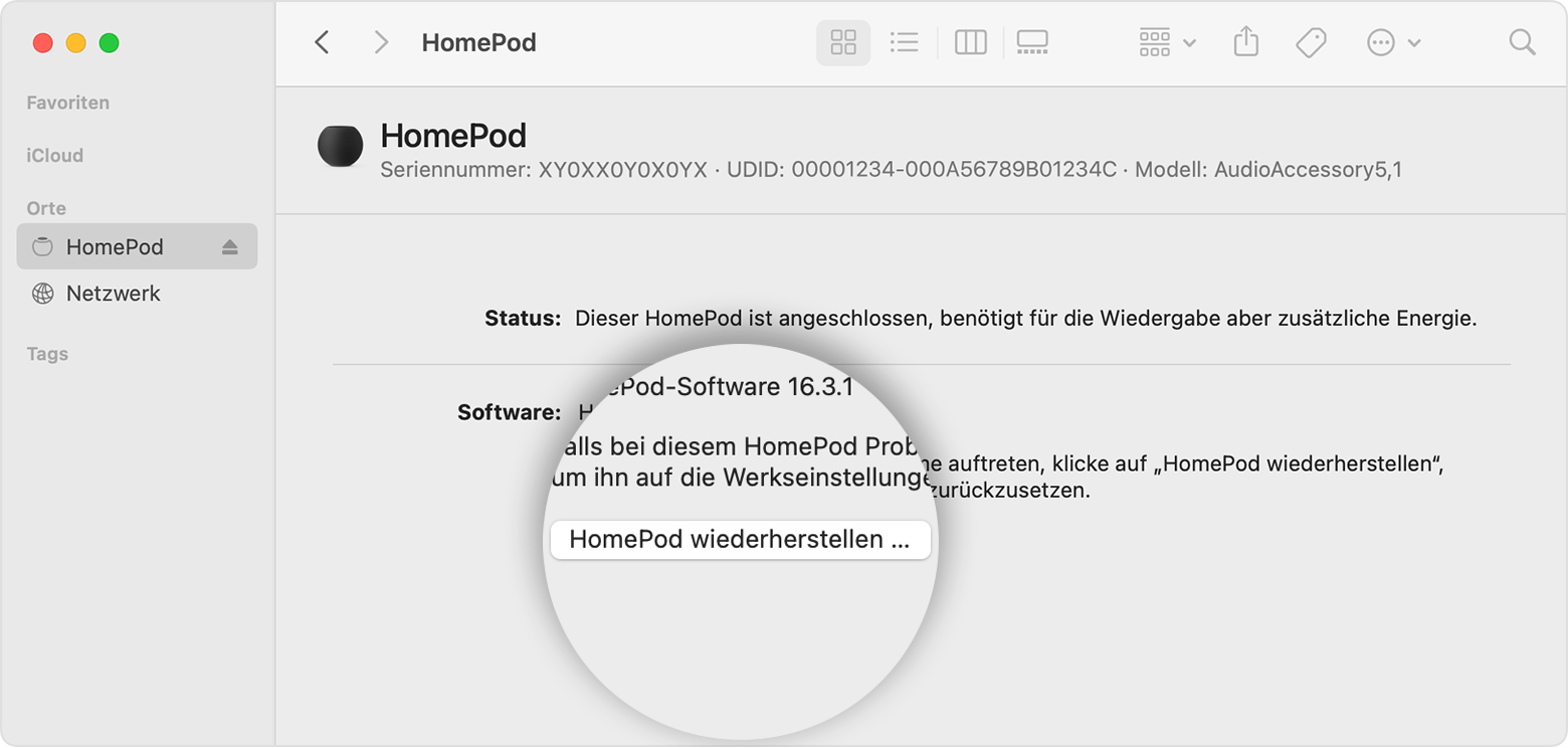 Option HomePod wiederherstellen auf dem Mac