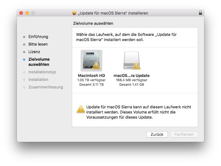macOS Sierra - Hilfe: Update für macOS Sierra kann auf diesem Laufwerk  nicht installiert werden.